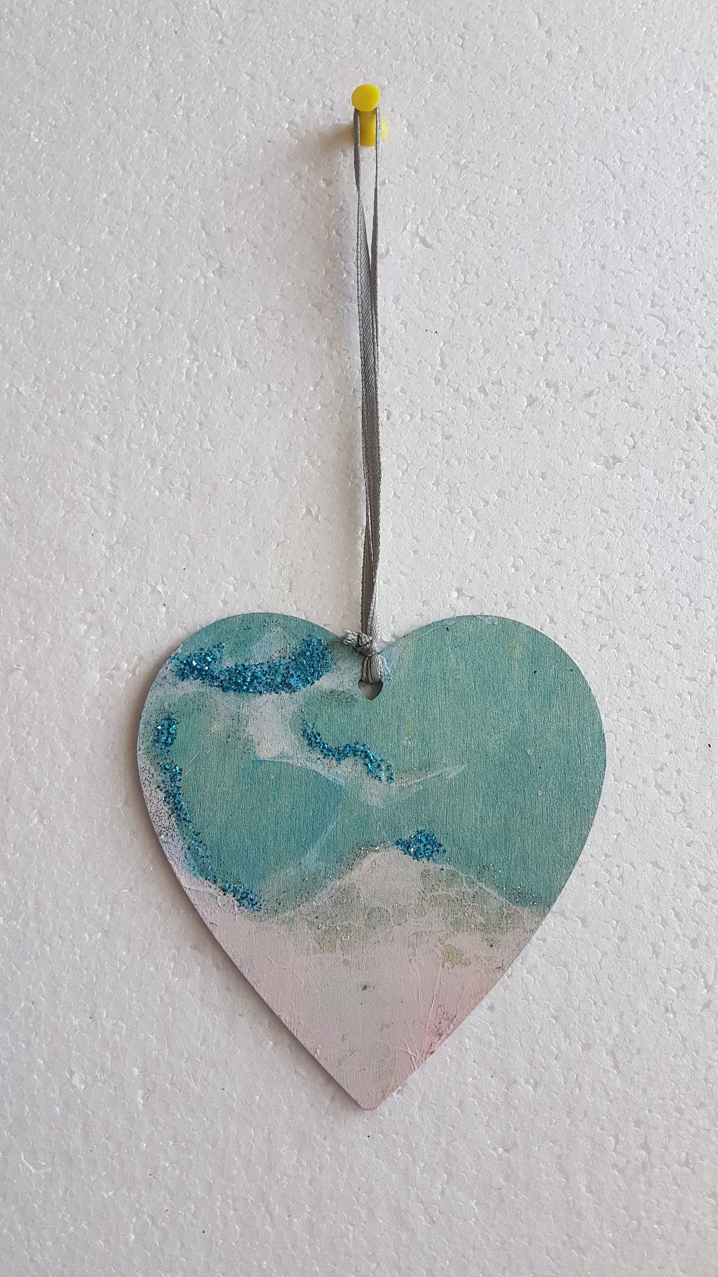 Large Wooden Heart Silver Blue Pink 'Sea and Surf' Window Hanging Gift