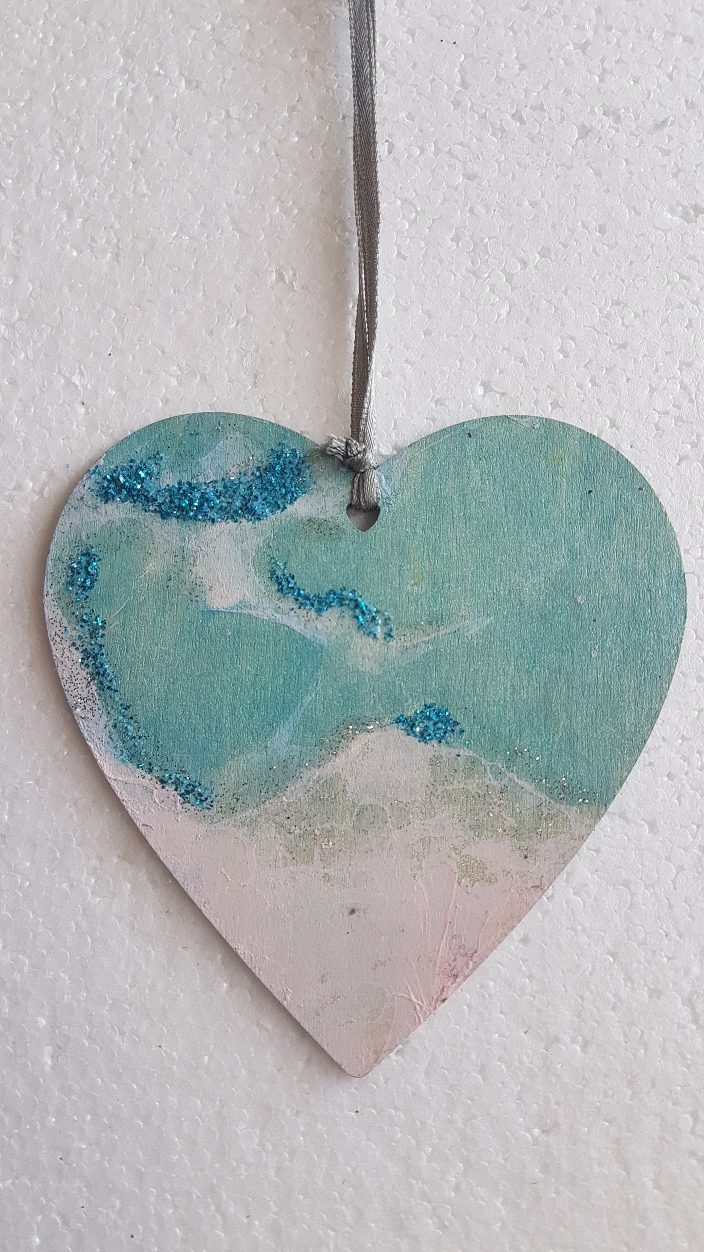 Large Wooden Heart Silver Blue Pink 'Sea and Surf' Window Hanging Gift