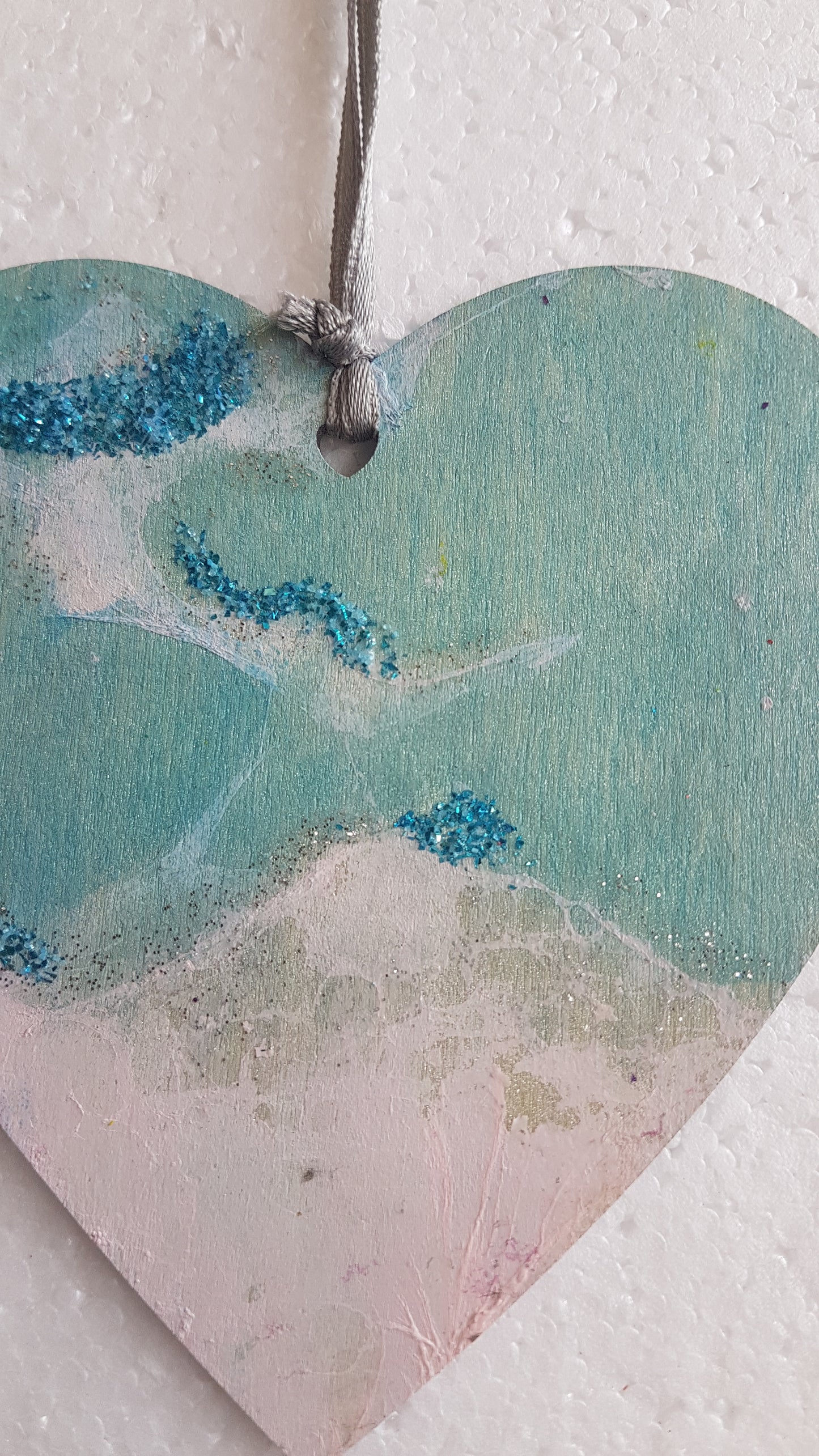 Large Wooden Heart Silver Blue Pink 'Sea and Surf' Window Hanging Gift