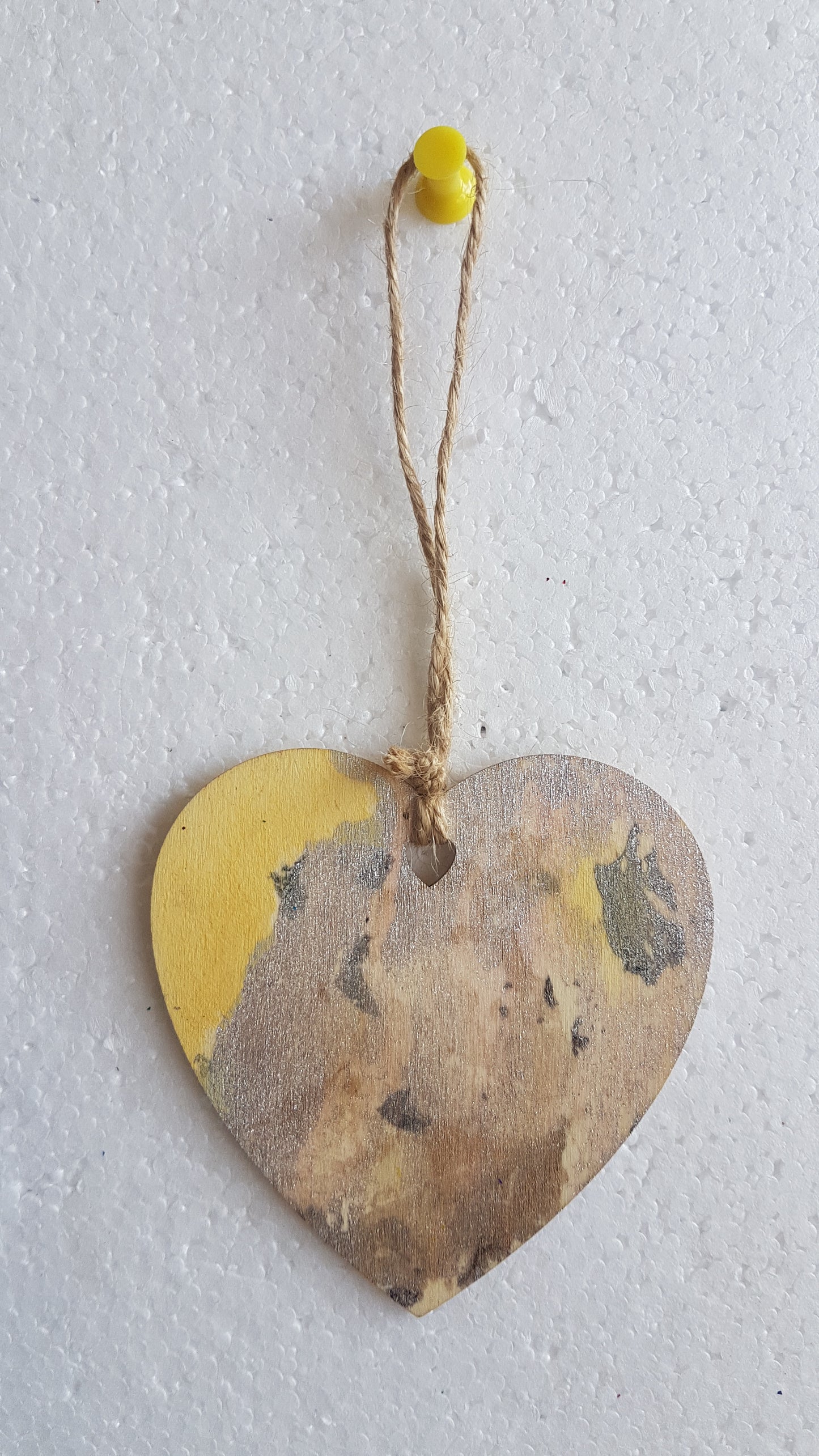 Small Abstract Wooden Heart Yellow Silver Grey Window Hanging Gift 1