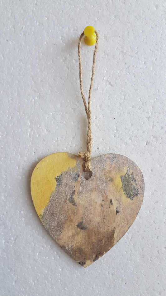 Small Abstract Wooden Heart Yellow Silver Grey Window Hanging Gift 1