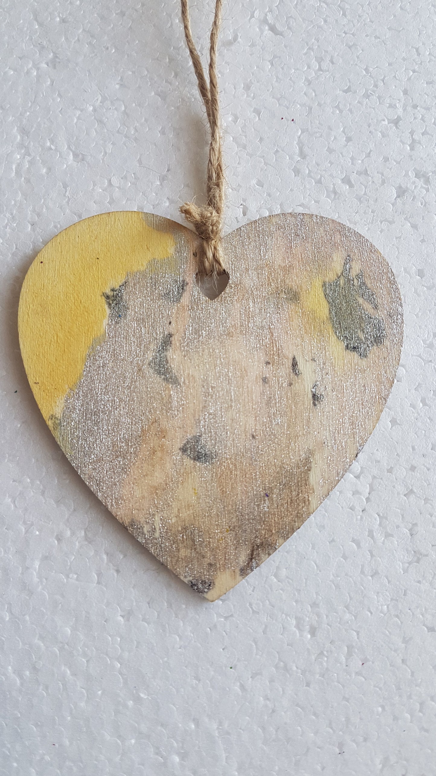 Small Abstract Wooden Heart Yellow Silver Grey Window Hanging Gift 1