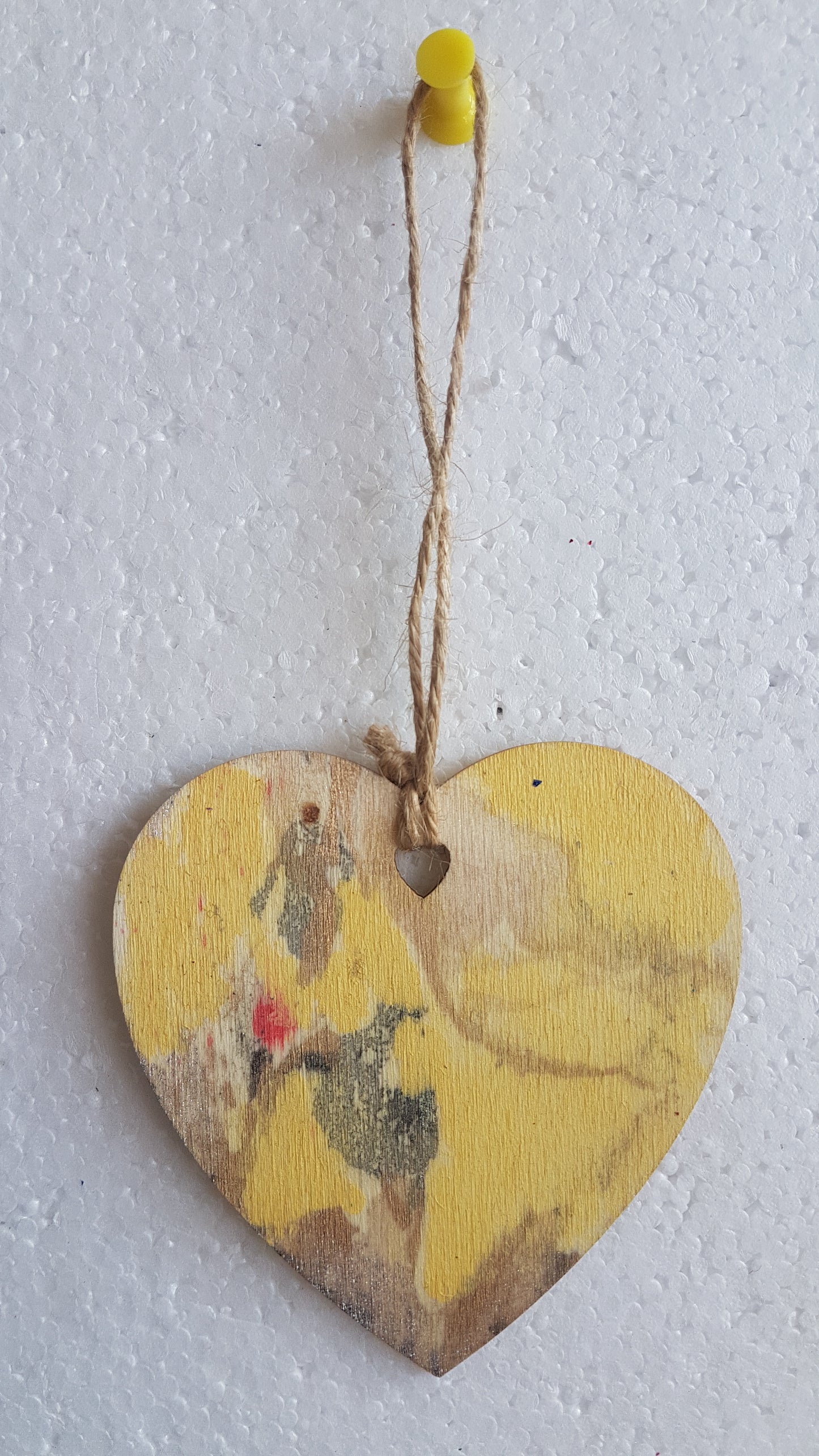Small Abstract Wooden Heart Yellow Silver Grey Window Hanging Gift 2