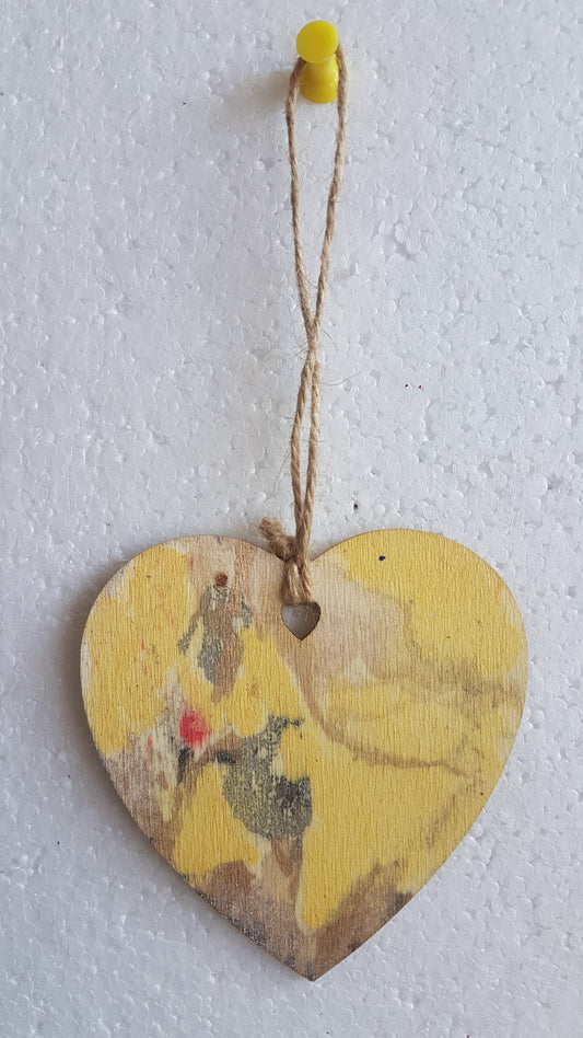 Small Abstract Wooden Heart Yellow Silver Grey Window Hanging Gift 2