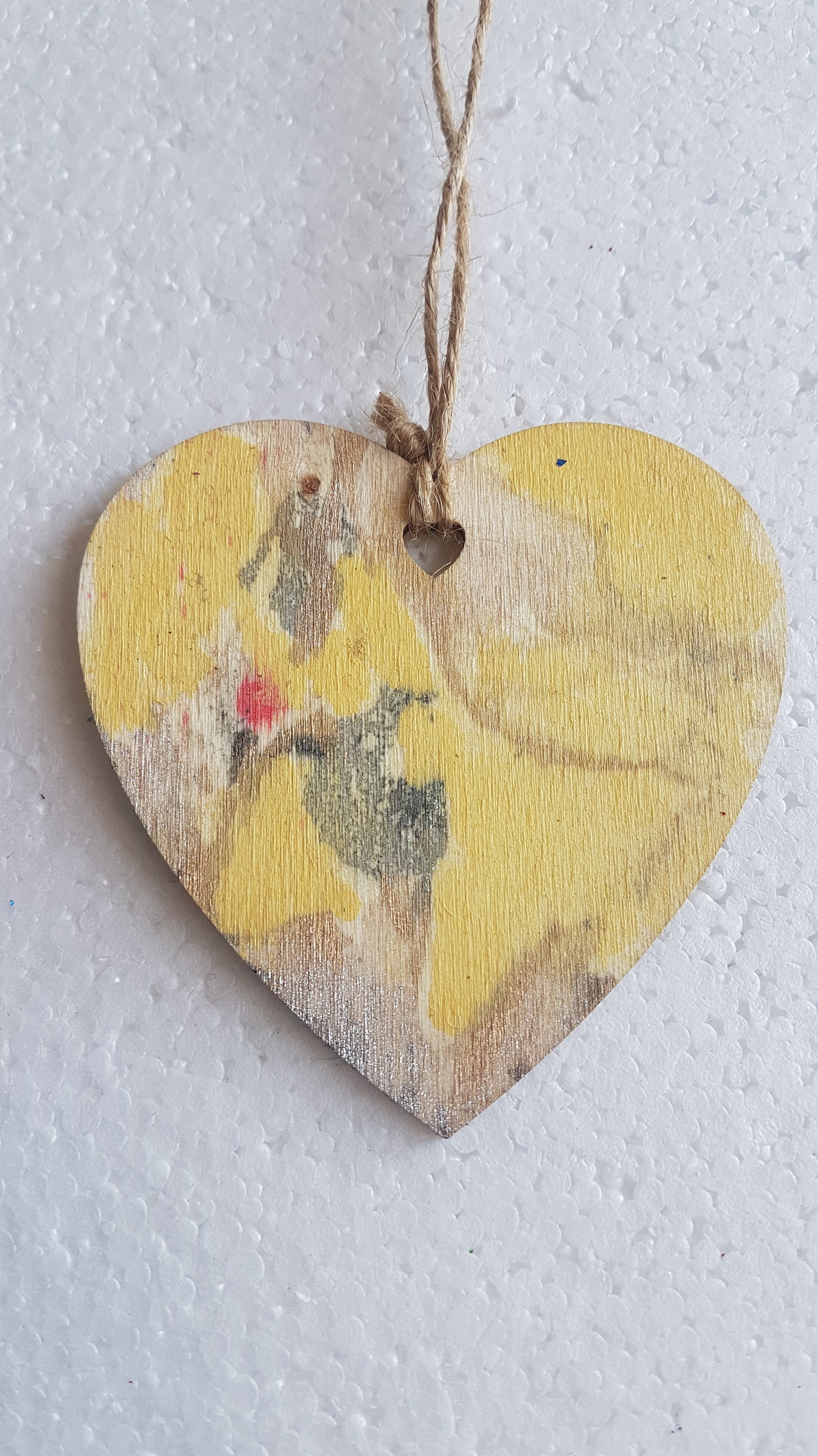 Small Abstract Wooden Heart Yellow Silver Grey Window Hanging Gift 2