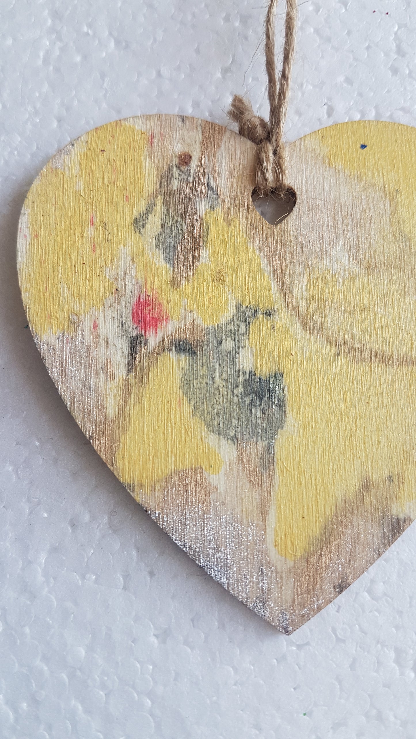 Small Abstract Wooden Heart Yellow Silver Grey Window Hanging Gift 2