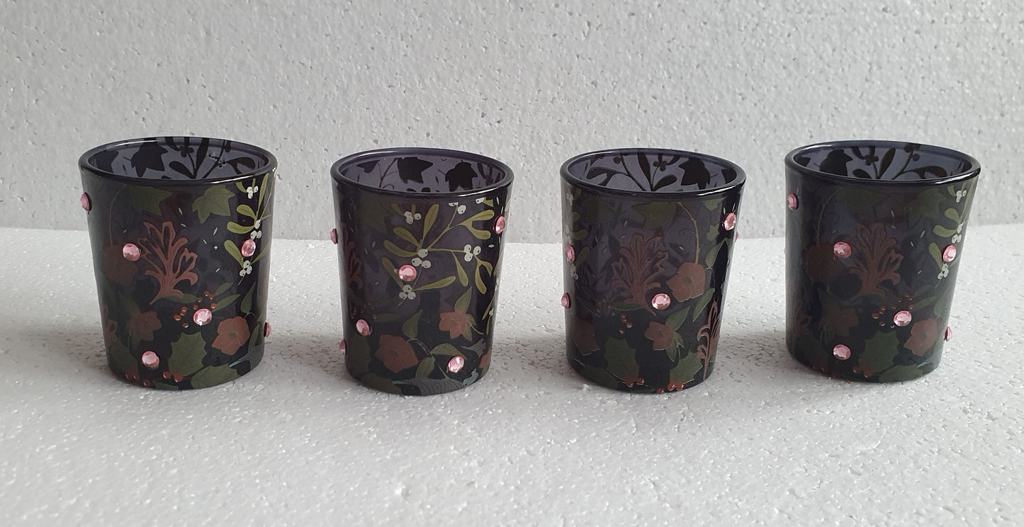 Black Mistletoe Floral Diamante Votive Candle Tea Light Holder Home Decor Gift