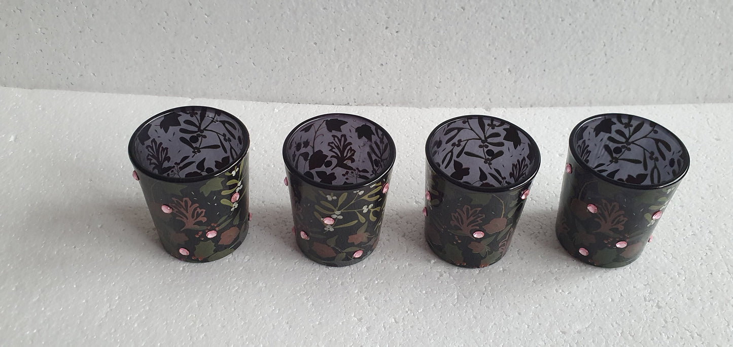 Black Mistletoe Floral Diamante Votive Candle Tea Light Holder Home Decor Gift