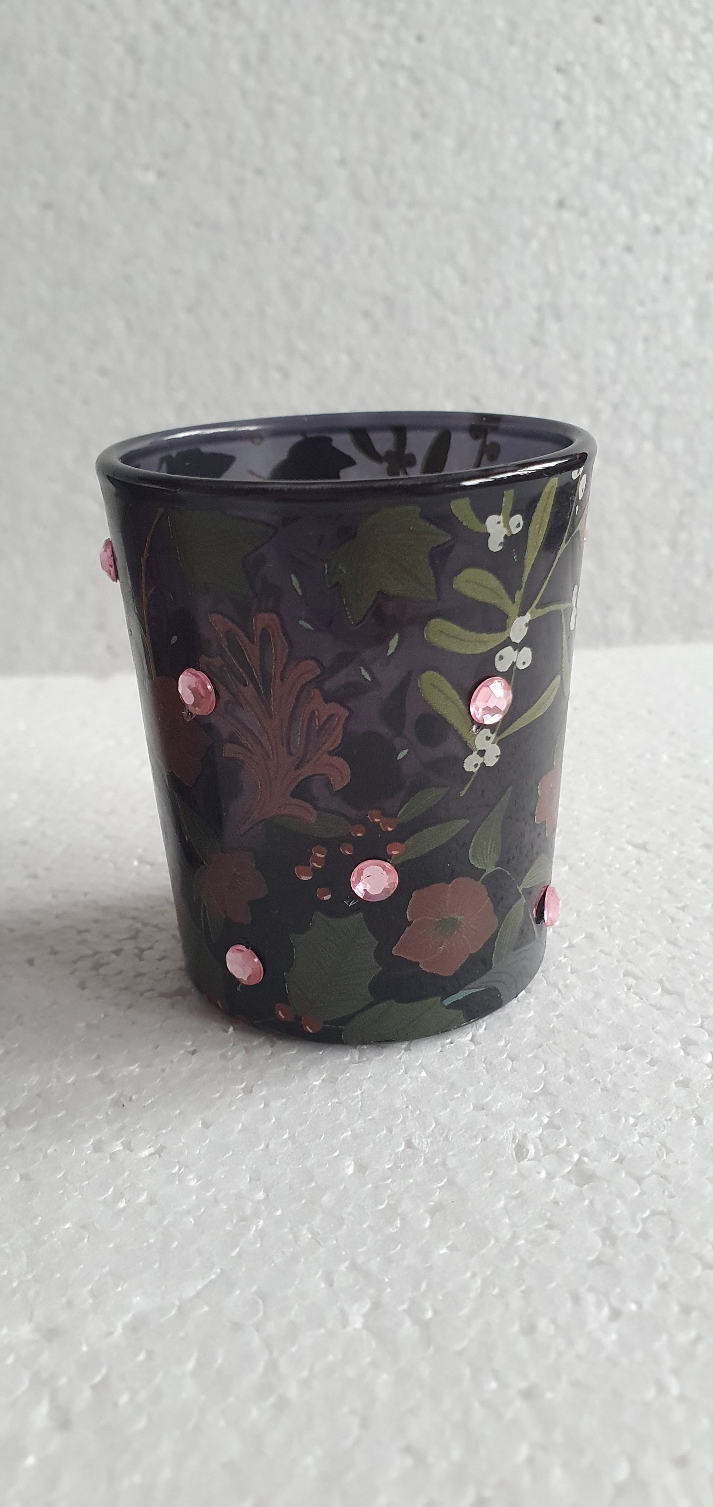 Black Mistletoe Floral Diamante Votive Candle Tea Light Holder Home Decor Gift