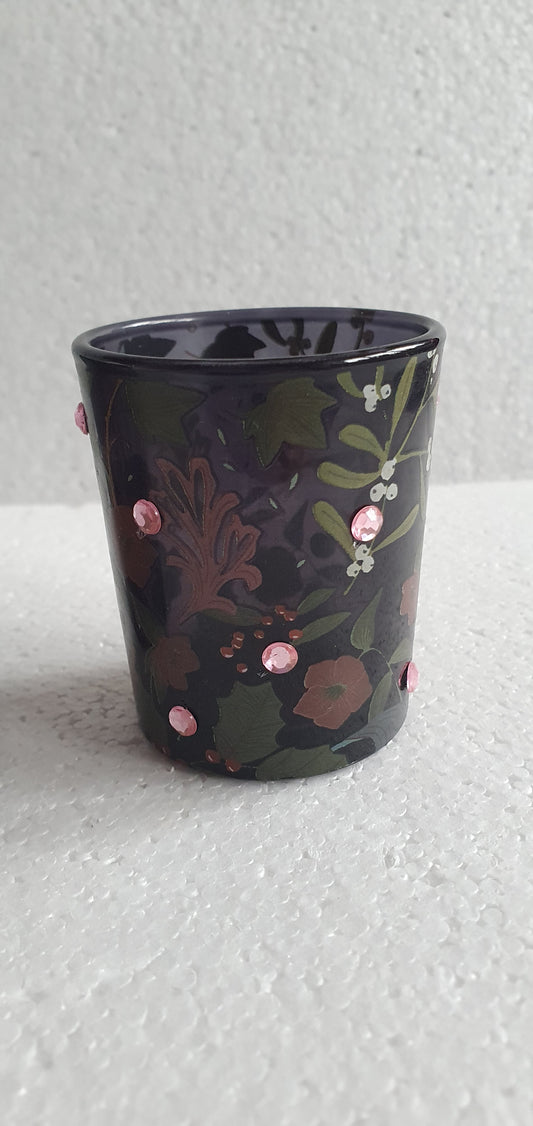 Black Mistletoe Floral Diamante Votive Candle Tea Light Holder Home Decor Gift