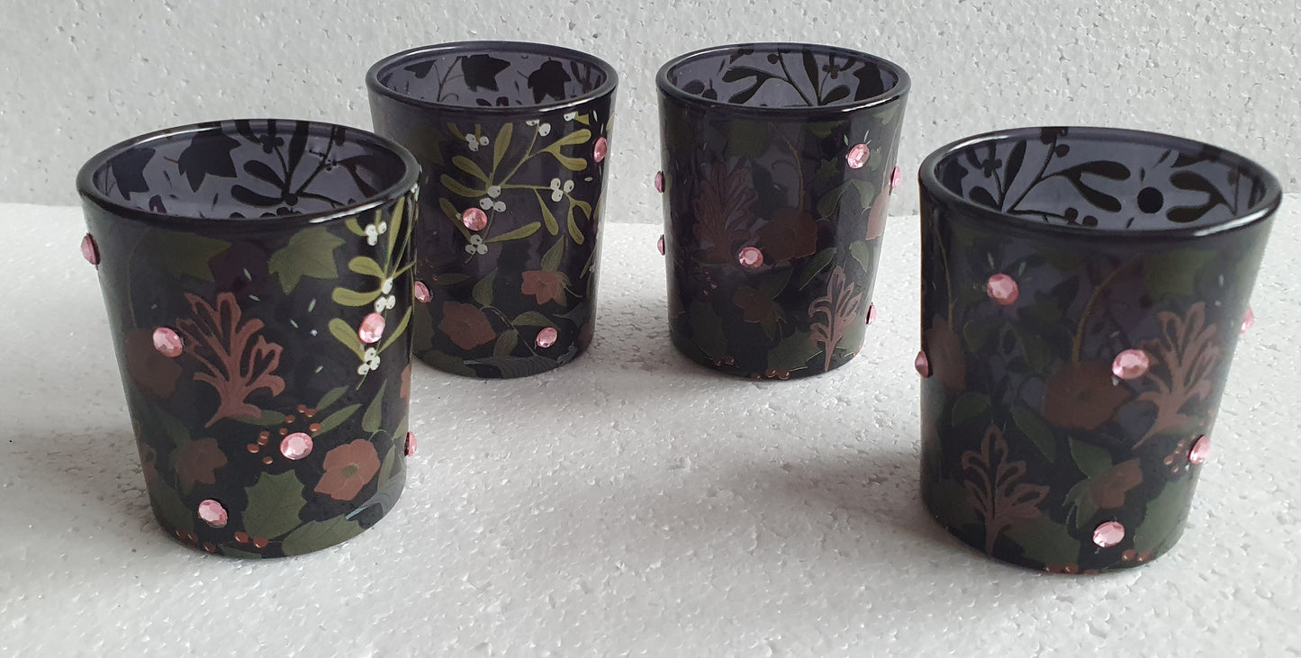 Black Mistletoe Floral Diamante Votive Candle Tea Light Holder Home Decor Gift