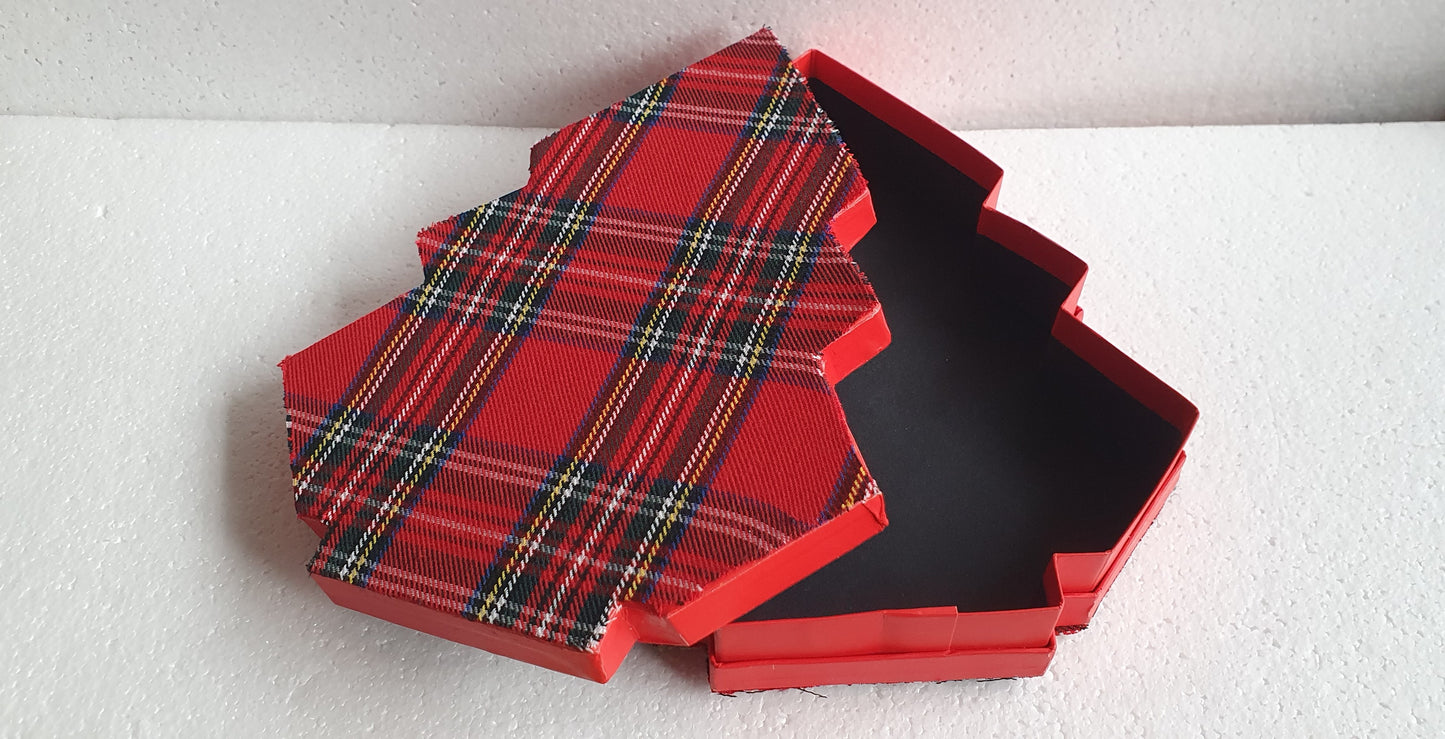 Red Tartan Christmas Tree Gift Box Hand Decorated Decor