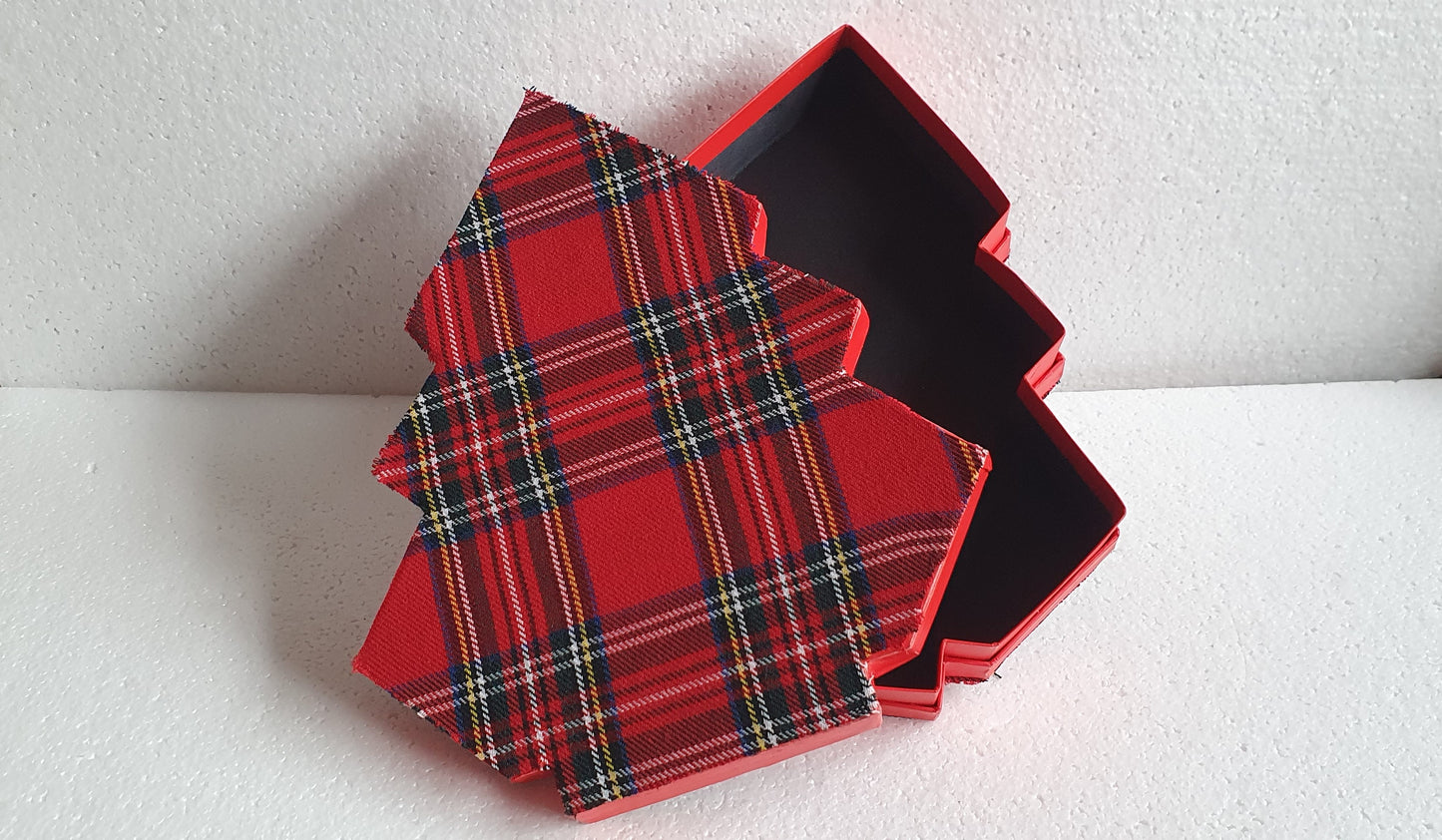 Red Tartan Christmas Tree Gift Box Hand Decorated Decor