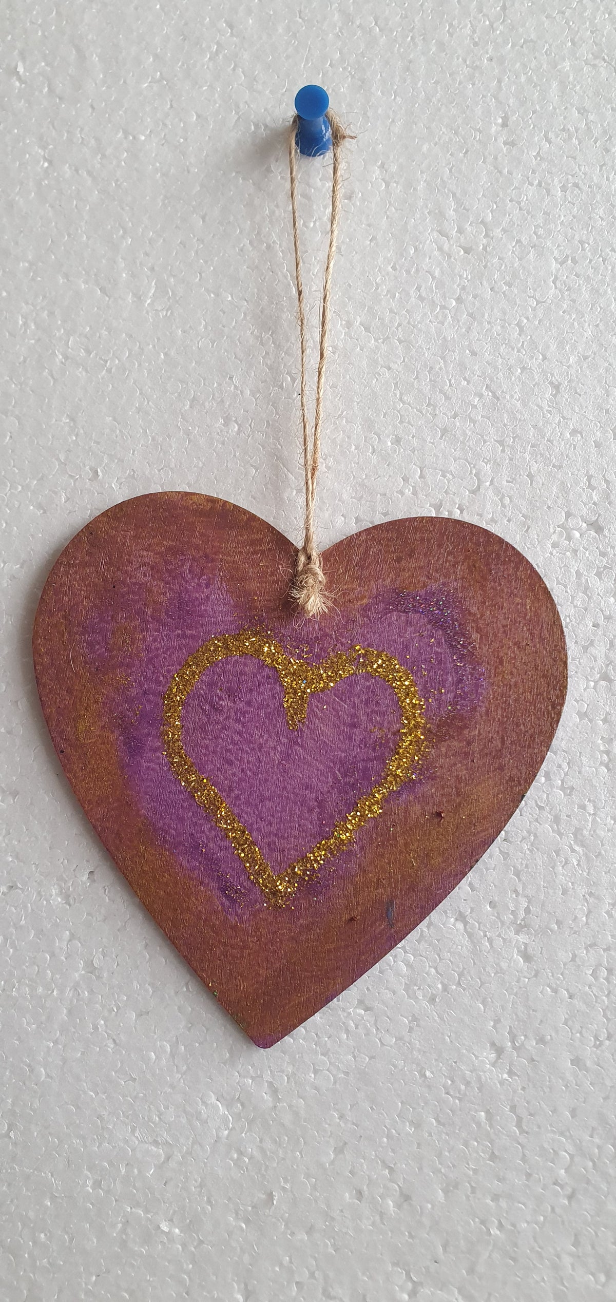 Large Wooden Heart Yellow Gold Purple Window Hanging Gift