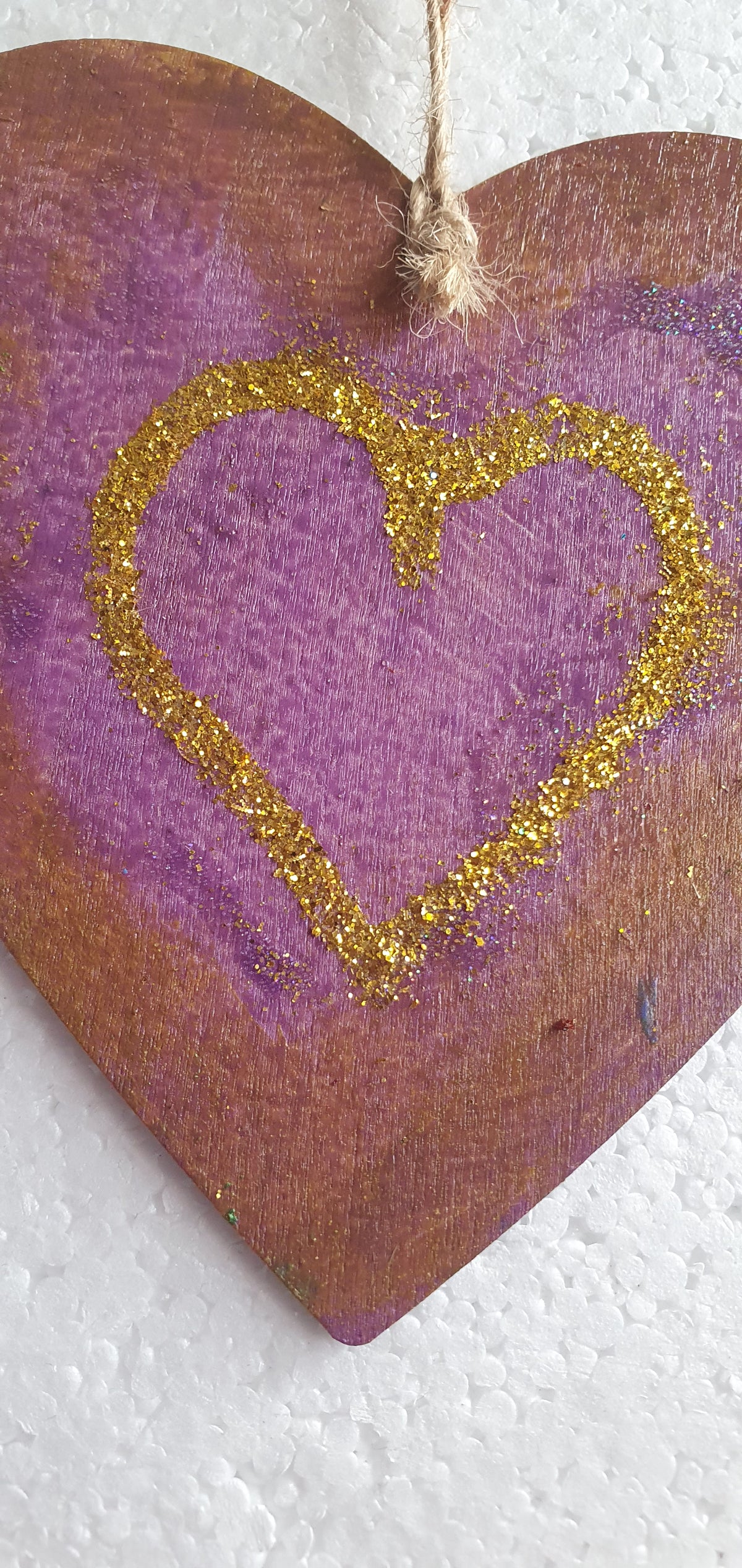 Large Wooden Heart Yellow Gold Purple Window Hanging Gift