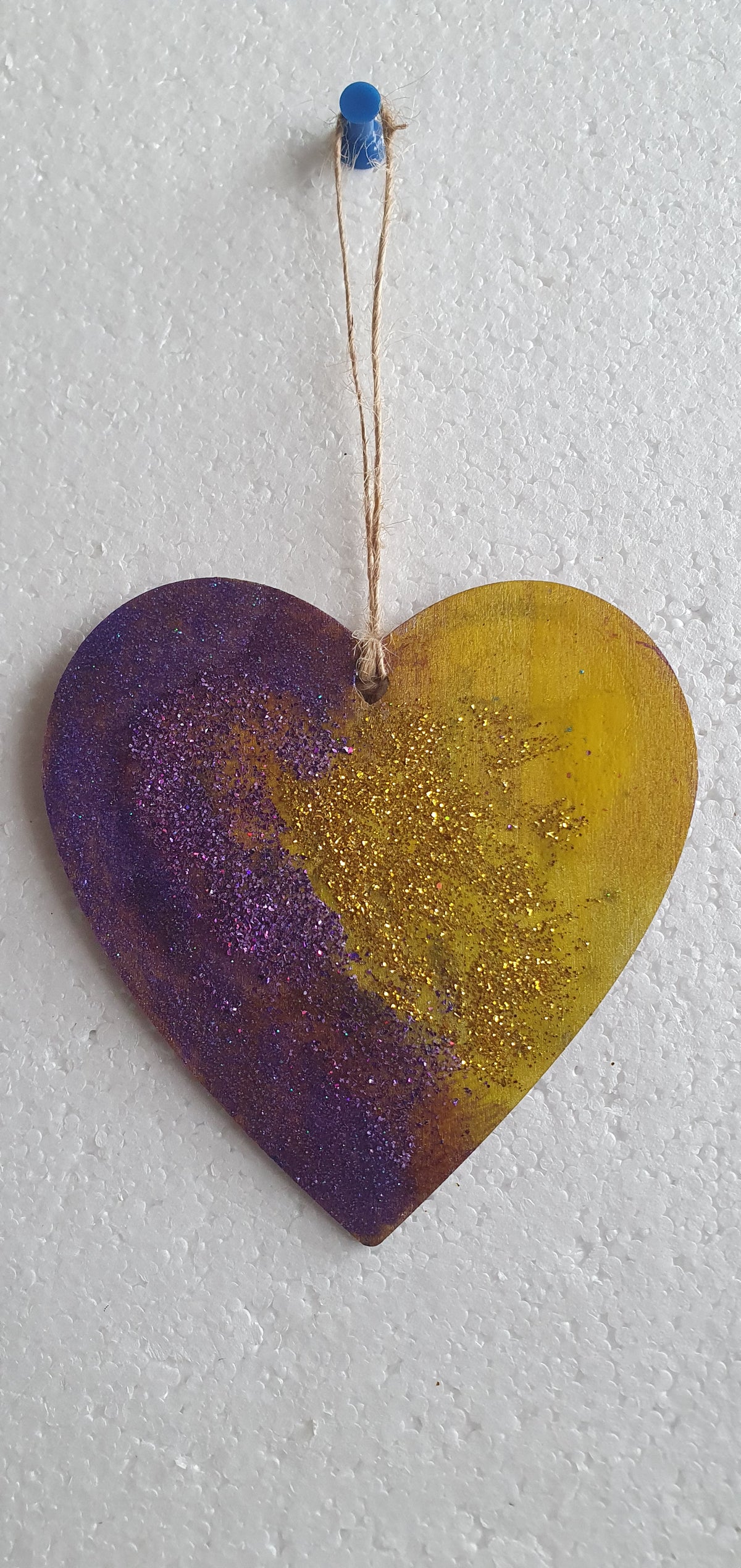 Large Wooden Heart Yellow Gold Purple Window Hanging Gift