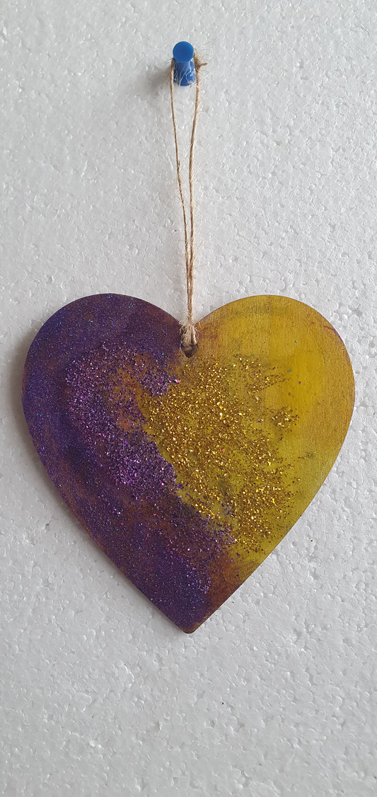 Large Wooden Heart Yellow Gold Purple Window Hanging Gift