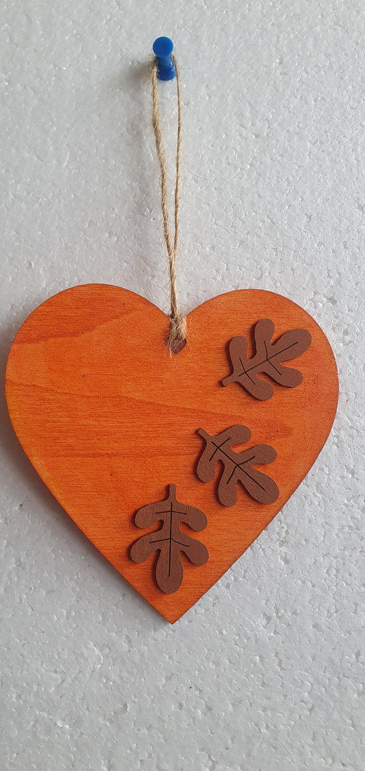 Large Wooden Heart Orange Brown Autumn Leaves Acorn Window Hanging Gift