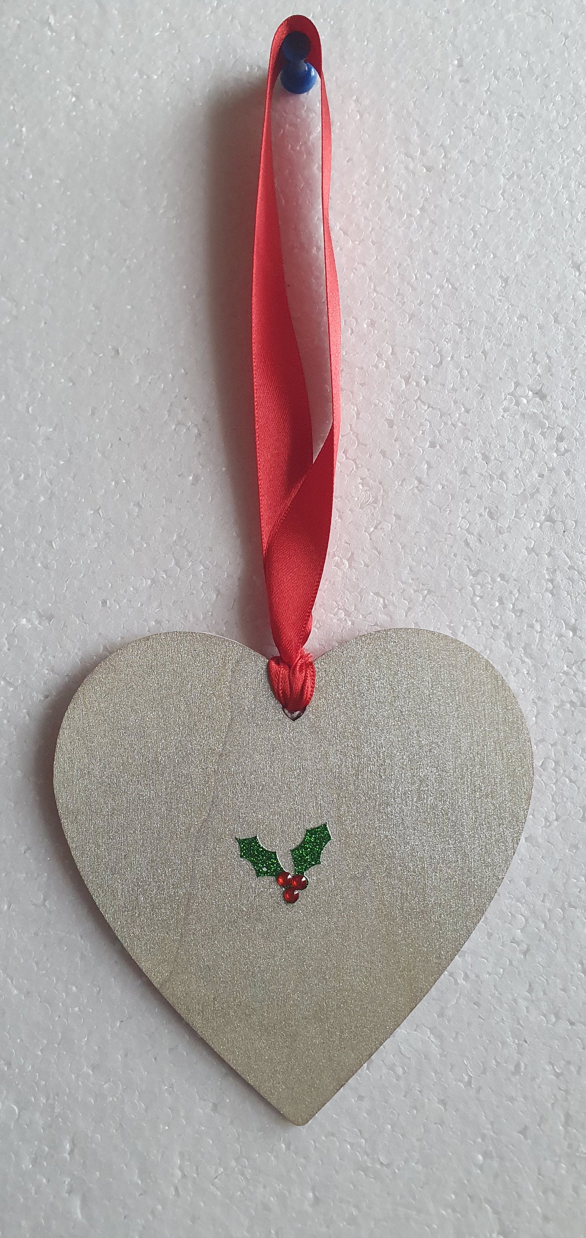 Large Wooden Heart White Red Stripes Green Christmas Window Hanging Gift
