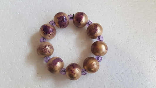 Chunky Wooden Bead Elastic Gold Purple Bracelet