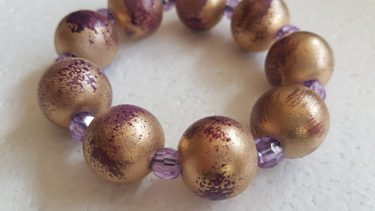 Chunky Wooden Bead Elastic Gold Purple Bracelet