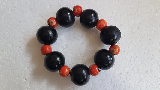 Chunky Wooden Bead Elastic Black Orange Bracelet