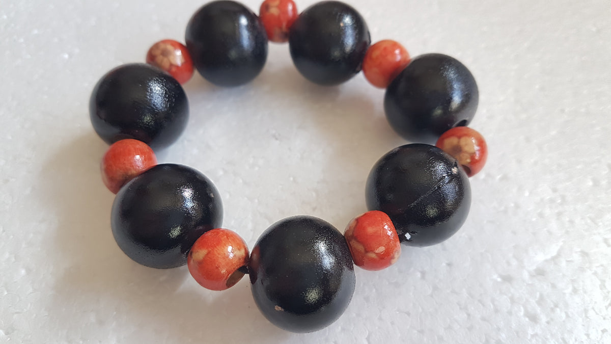 Chunky Wooden Bead Elastic Black Orange Bracelet