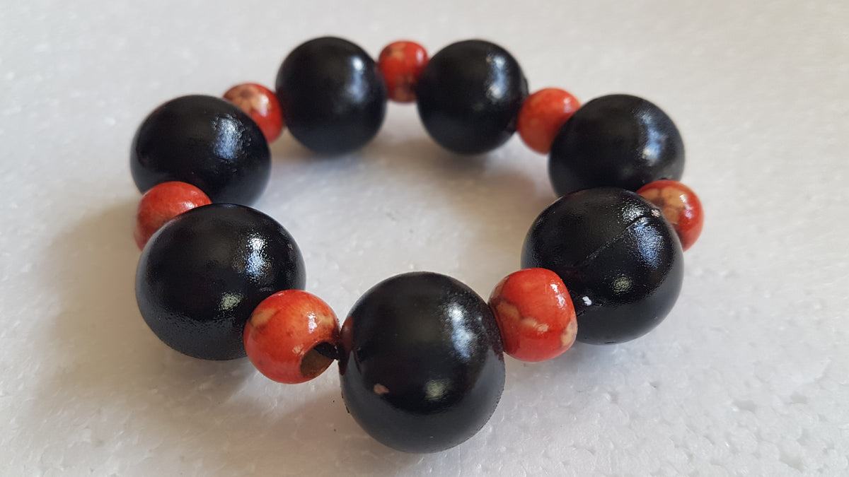 Chunky Wooden Bead Elastic Black Orange Bracelet