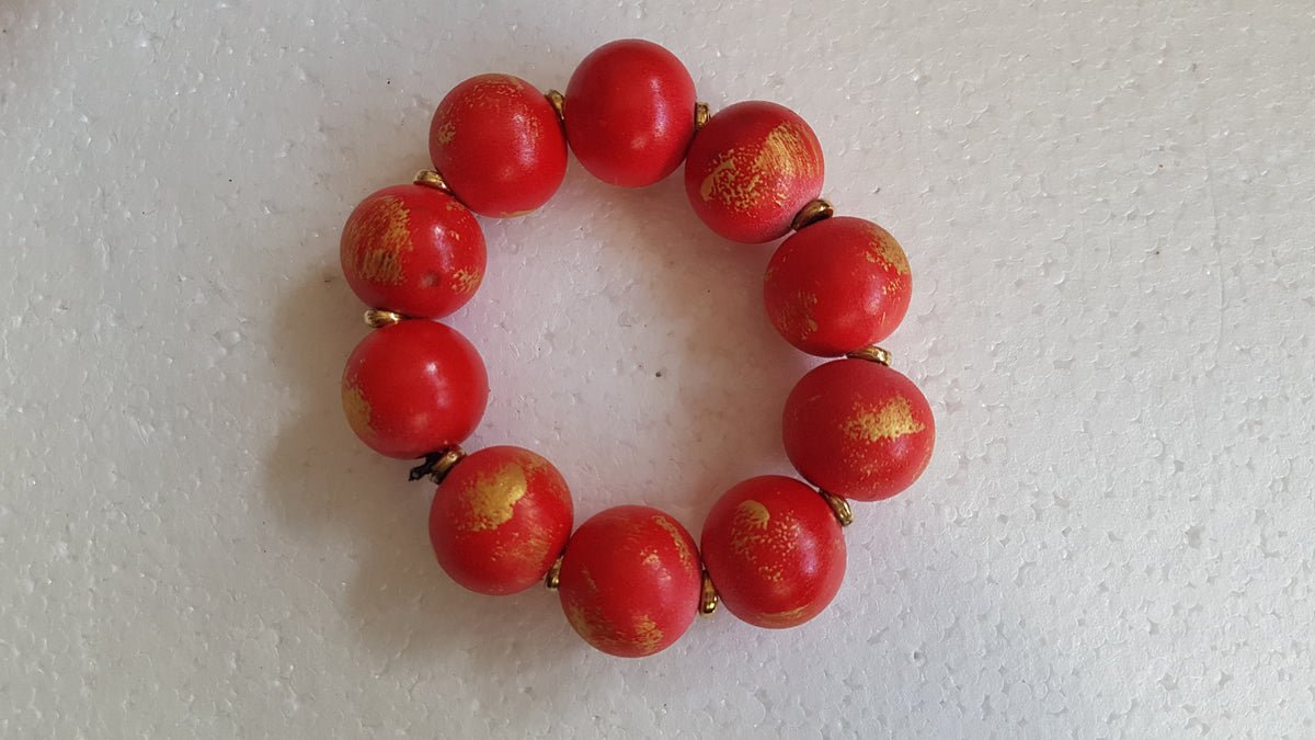Chunky Wooden Bead Elastic Gold Red Bracelet