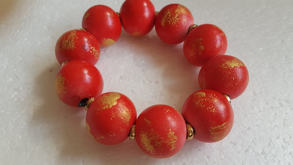 Chunky Wooden Bead Elastic Gold Red Bracelet