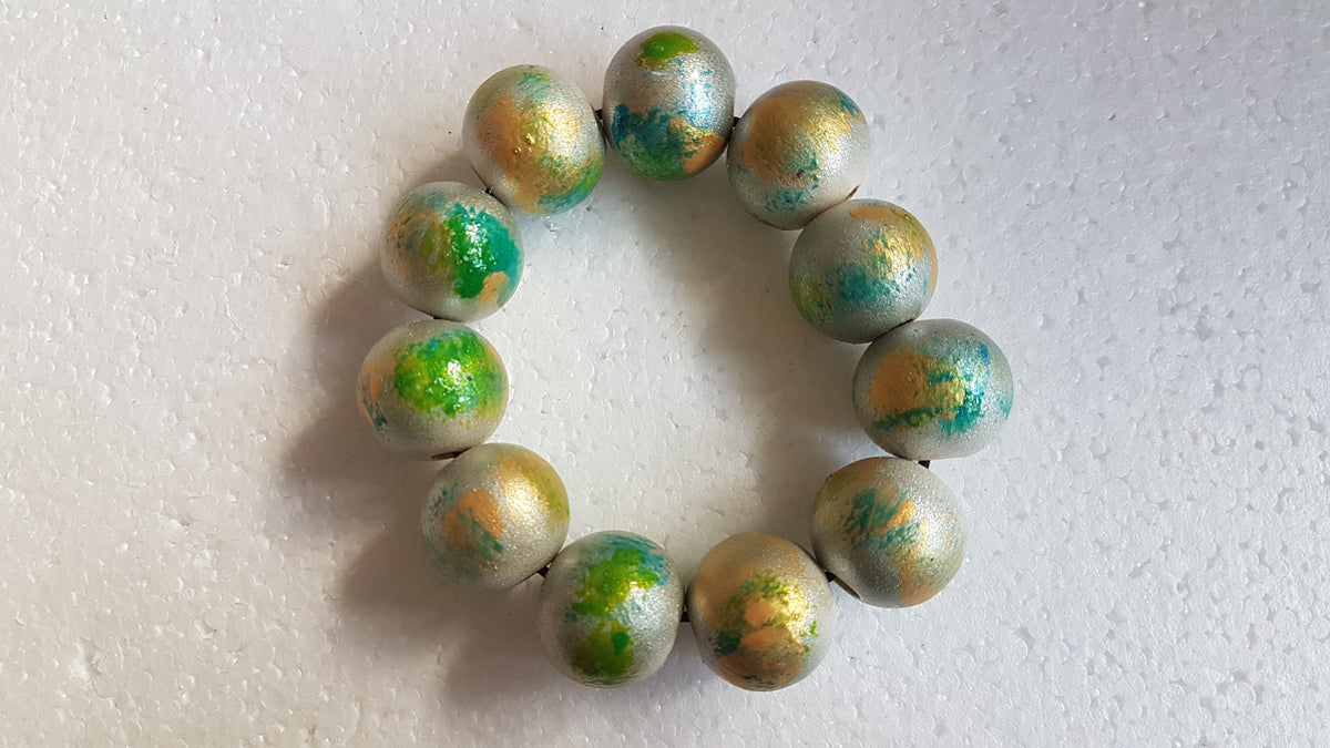 Chunky Wooden Bead Elastic Silver Yellow Green Bracelet