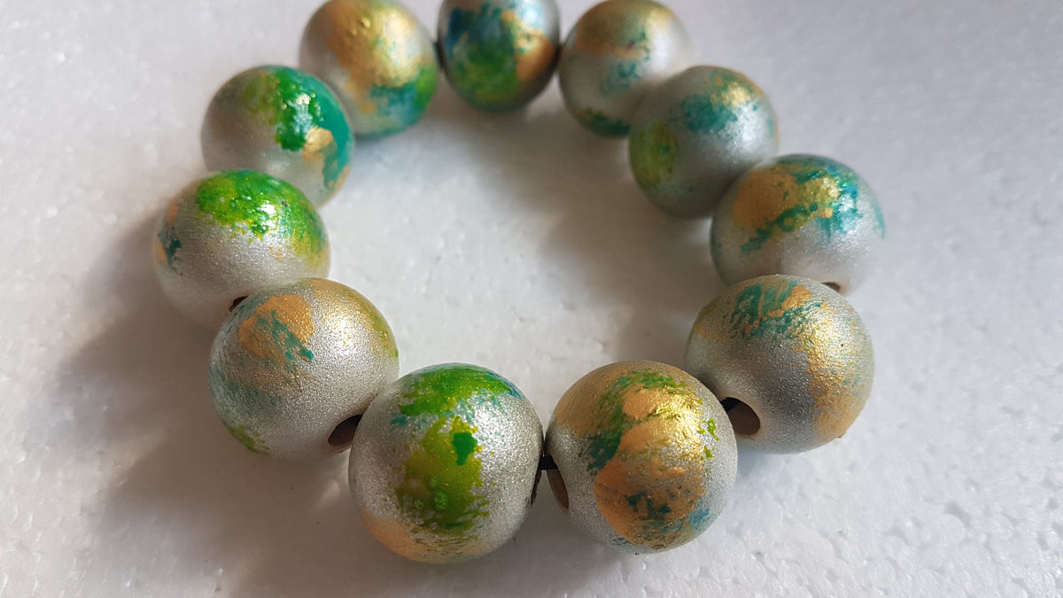 Chunky Wooden Bead Elastic Silver Yellow Green Bracelet