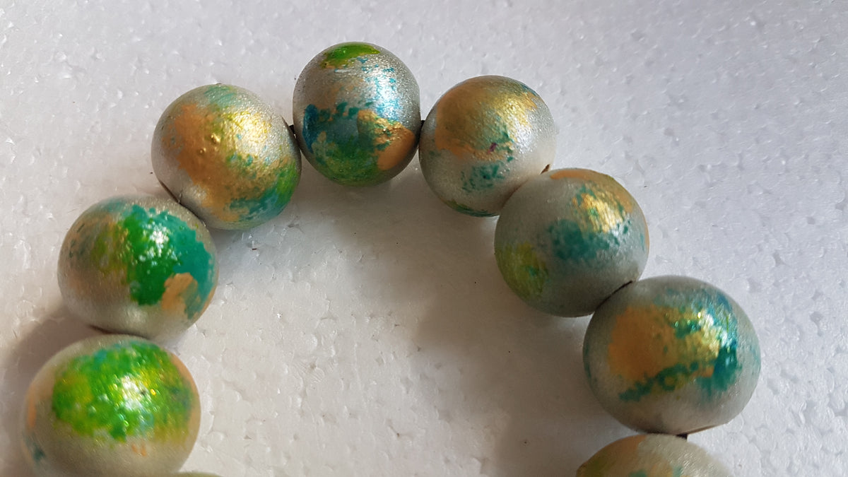 Chunky Wooden Bead Elastic Silver Yellow Green Bracelet