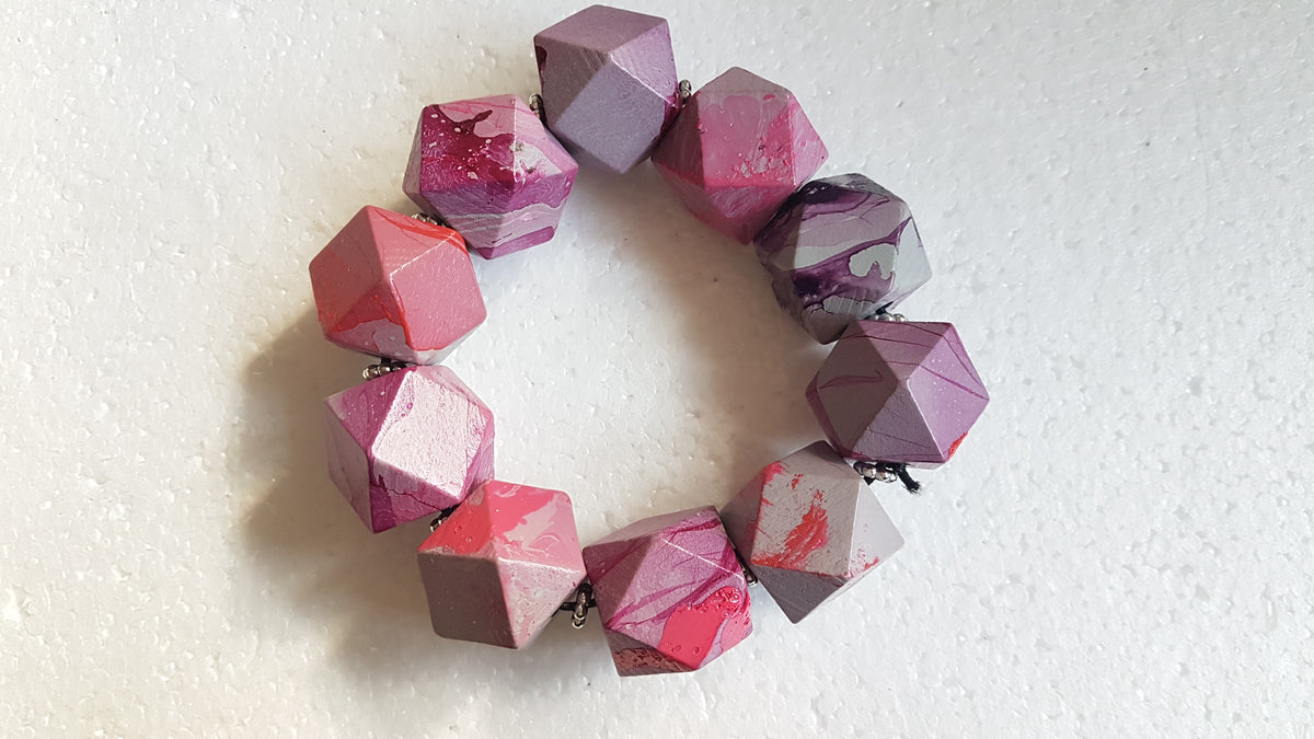 Chunky Wooden Octagonal Bead Elastic Grey Purple Pink Bracelet