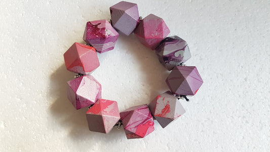 Chunky Wooden Octagonal Bead Elastic Grey Purple Pink Bracelet