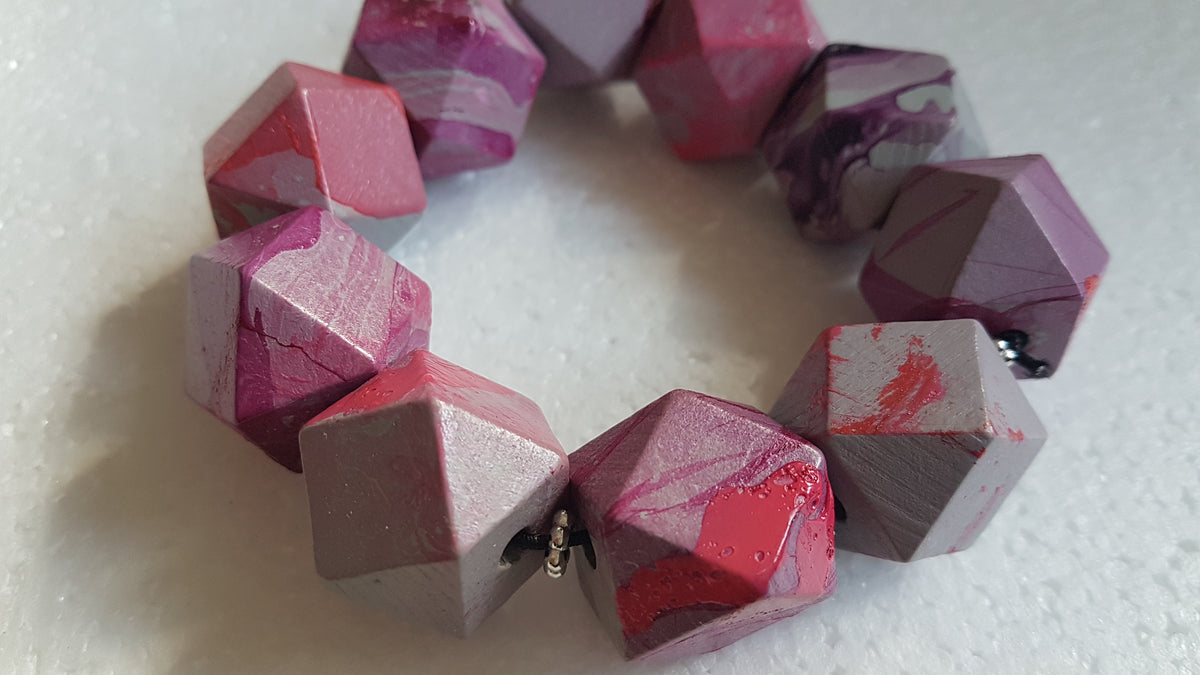 Chunky Wooden Octagonal Bead Elastic Grey Purple Pink Bracelet