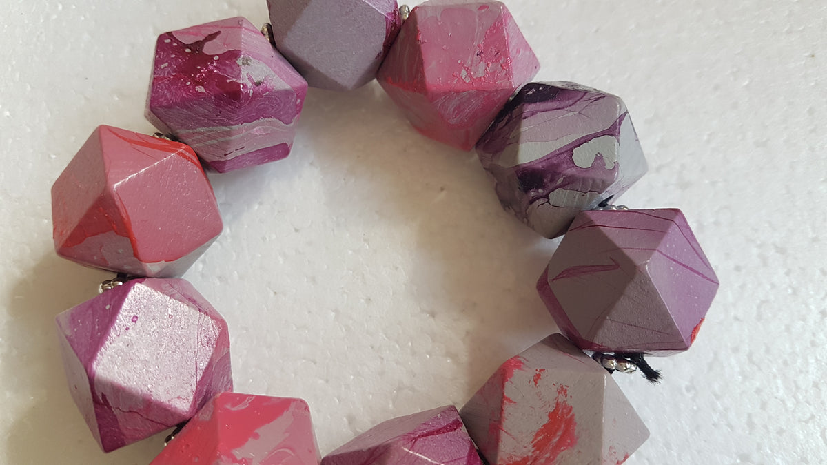 Chunky Wooden Octagonal Bead Elastic Grey Purple Pink Bracelet