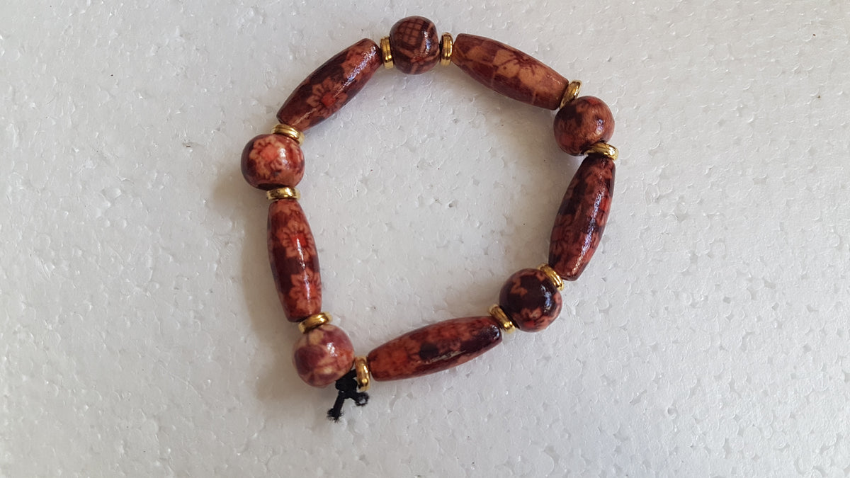 Wooden Bead Elastic Dark Brown Gold Bracelet