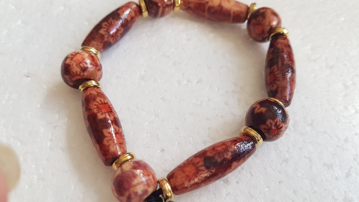 Wooden Bead Elastic Dark Brown Gold Bracelet