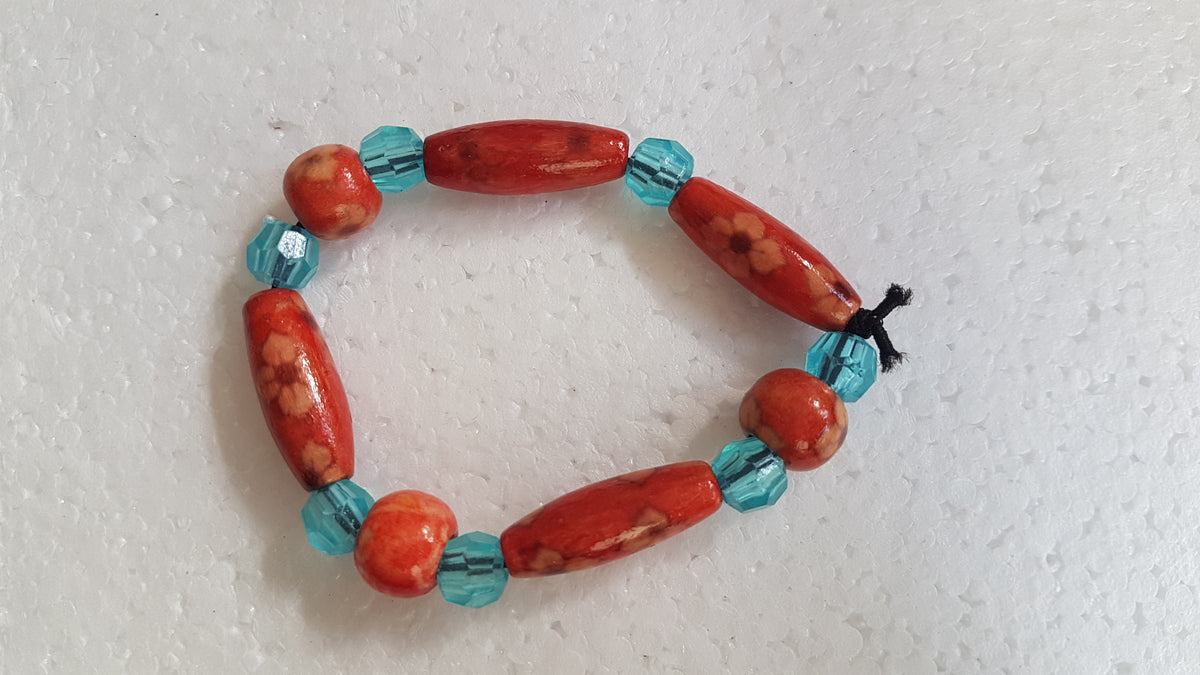 Wooden Bead Elastic Orange Brown Blue Bracelet
