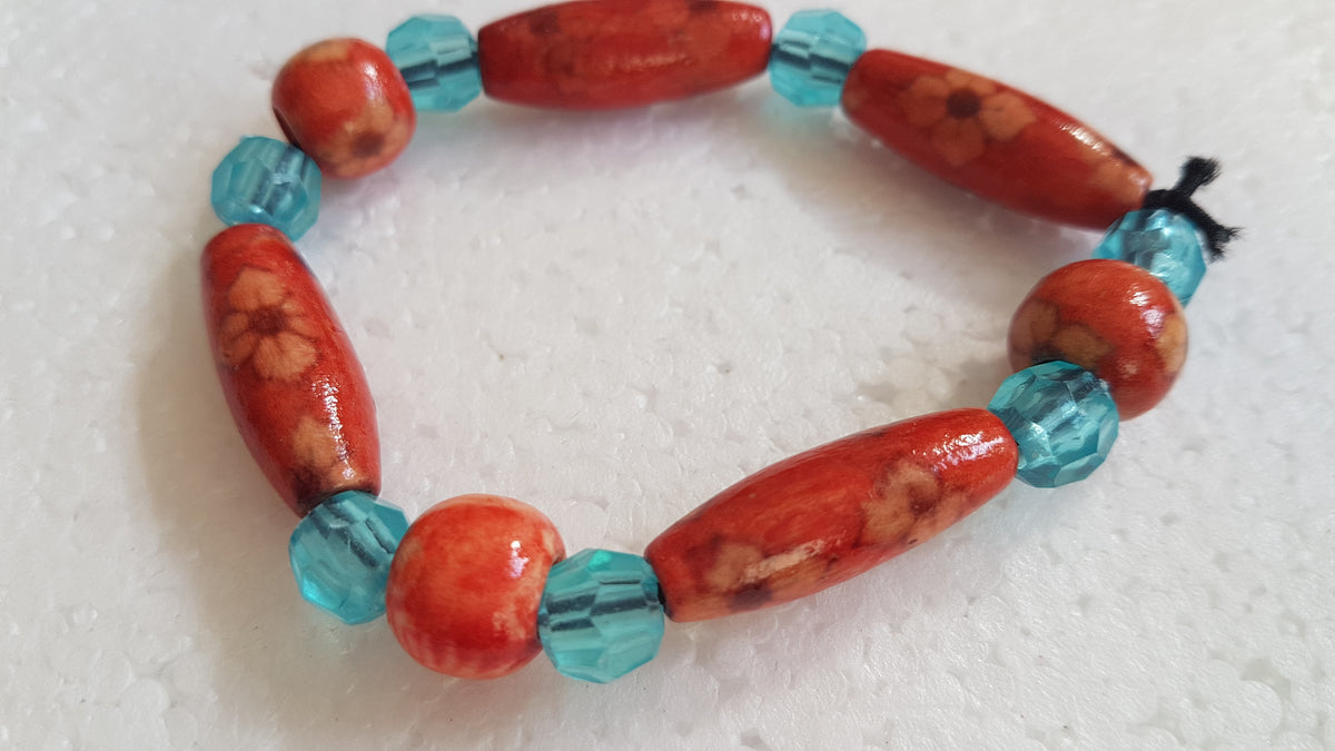 Wooden Bead Elastic Orange Brown Blue Bracelet