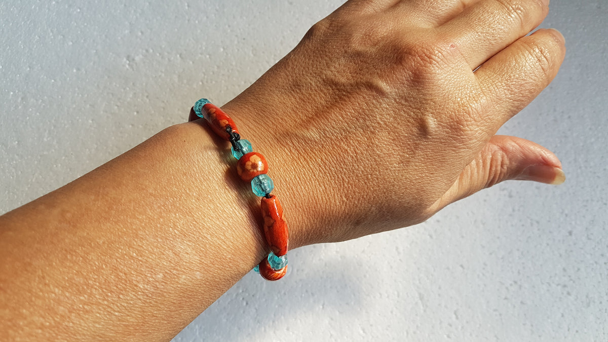 Wooden Bead Elastic Orange Brown Blue Bracelet