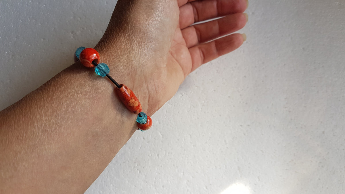 Wooden Bead Elastic Orange Brown Blue Bracelet