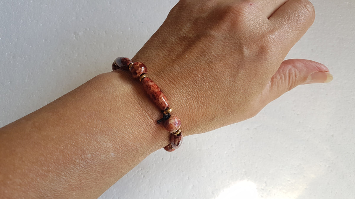 Wooden Bead Elastic Dark Brown Gold Bracelet