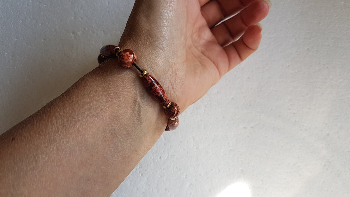 Wooden Bead Elastic Dark Brown Gold Bracelet
