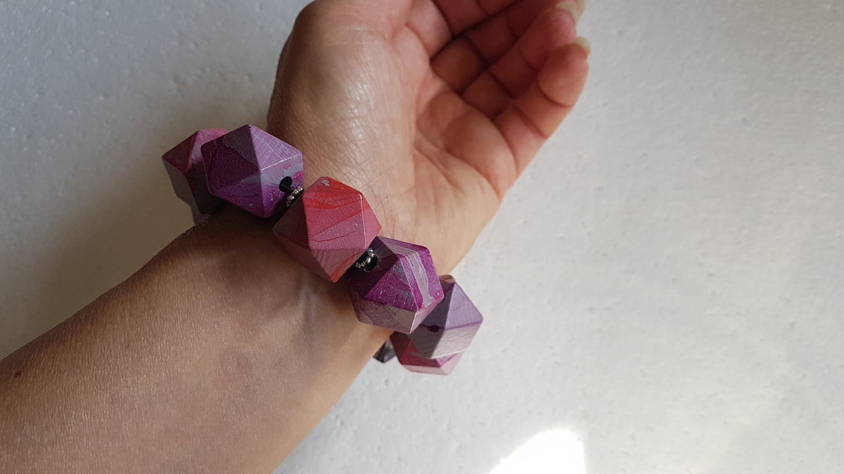 Chunky Wooden Octagonal Bead Elastic Grey Purple Pink Bracelet