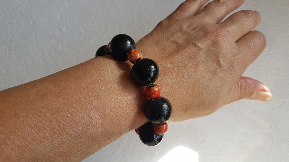 Chunky Wooden Bead Elastic Black Orange Bracelet