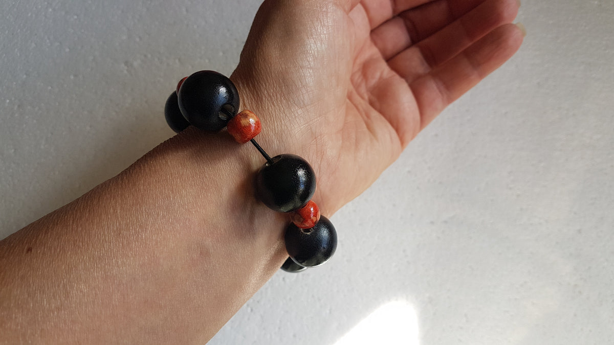 Chunky Wooden Bead Elastic Black Orange Bracelet