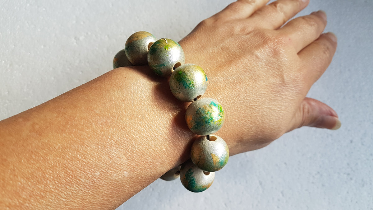 Chunky Wooden Bead Elastic Silver Yellow Green Bracelet
