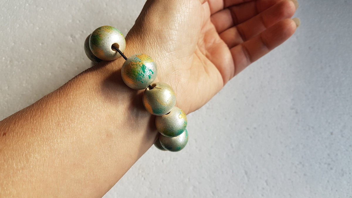 Chunky Wooden Bead Elastic Silver Yellow Green Bracelet